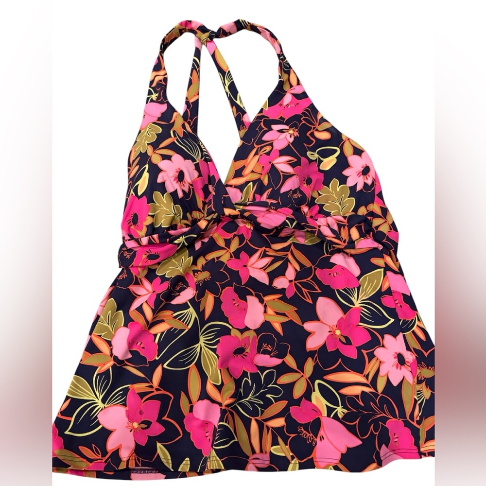 Women’s size 16, navy, pink, and green, Lands End tankini halter-style top
